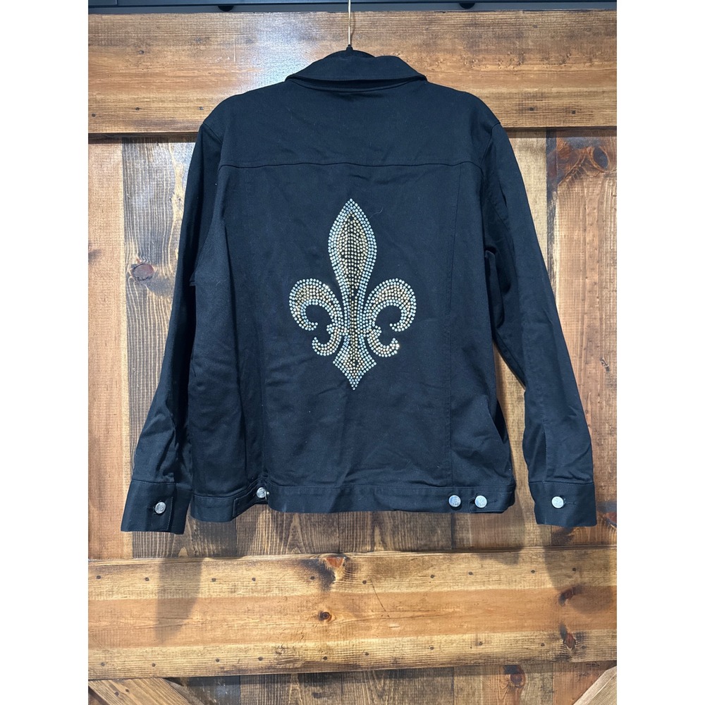 Quacker Factory Black Denim Rhinestone Fleur De Lis Jacket Women Large RN90133